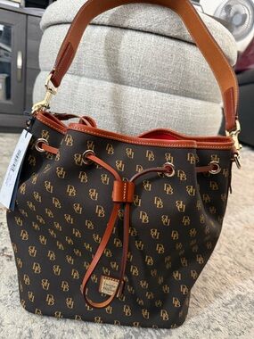 NWT Dooney & Bourke Brown and Tan Signature Drawstring Bucket Bag